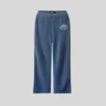 Deep blue relaxed-fit sweatpants with adjustable drawstring waist and subtle light graphic detail on the upper leg.