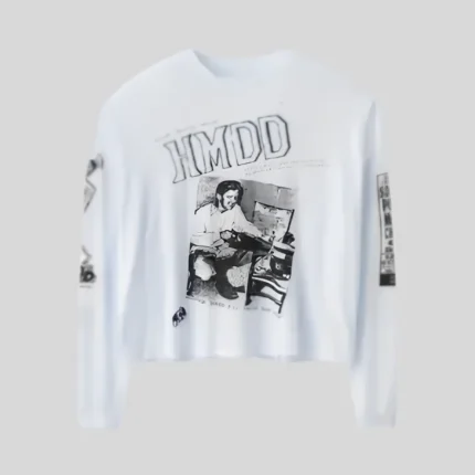 HMDD White Vintage Graphic Sweatshirt with monochrome front artwork