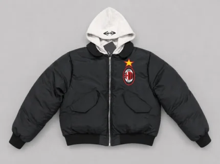 Black hooded bomber jacket with contrasting light hood, graphic chest emblem, front zipper, large utility pockets, ribbed cuffs and waistband.