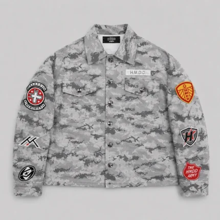 Grey Camo Jacket, Digital Camo Jacket, Camo Streetwear, Patchwork Jacket, Military Style Jacket, Streetwear Jacket, Grey Streetwear, Camouflage Jacket, Utility Jacket, Urban Jacket, Mens Camo Jacket, Womens Camo Jacket, Graphic Patch Jacket, Casual Camo Jacket, Oversized Streetwear