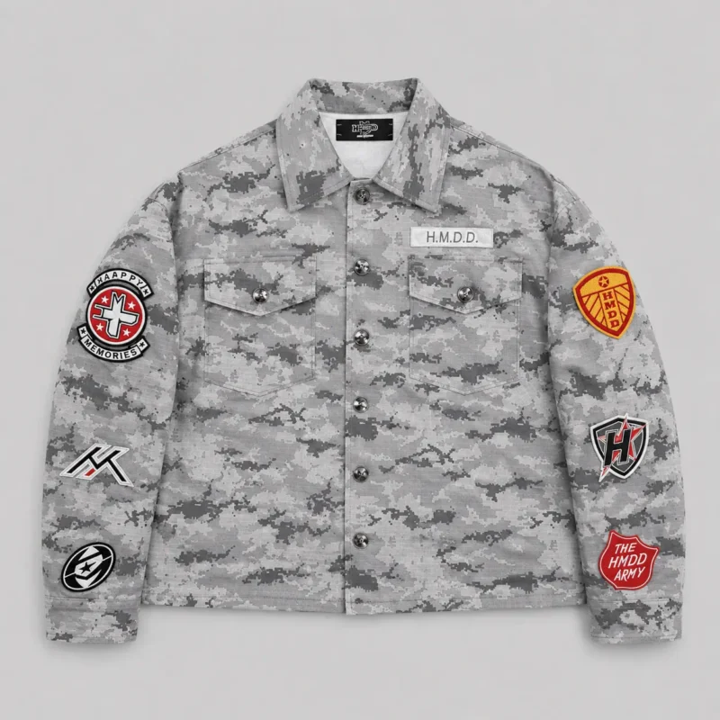 Grey Camo Jacket, Digital Camo Jacket, Camo Streetwear, Patchwork Jacket, Military Style Jacket, Streetwear Jacket, Grey Streetwear, Camouflage Jacket, Utility Jacket, Urban Jacket, Mens Camo Jacket, Womens Camo Jacket, Graphic Patch Jacket, Casual Camo Jacket, Oversized Streetwear