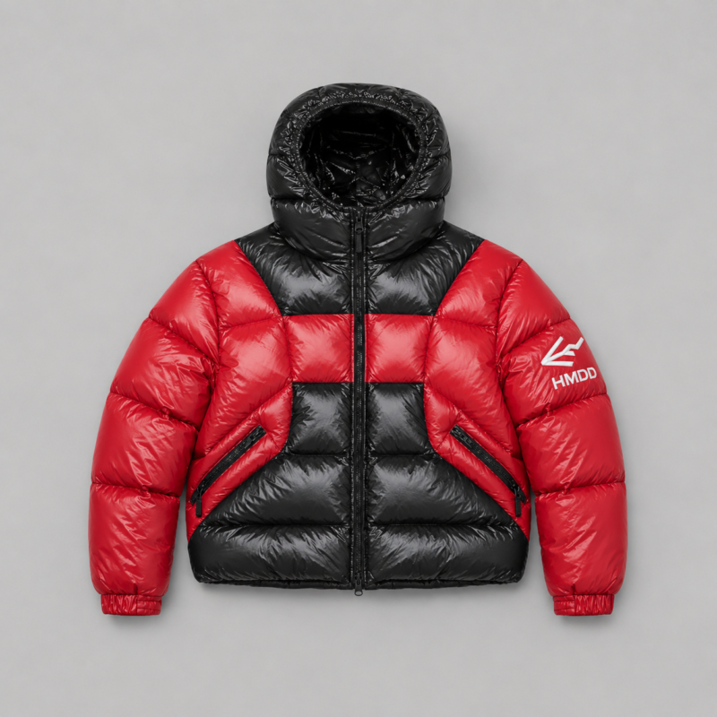 Red and black color block puffer jacket with large hood, quilted construction, front zipper, angled zip pockets, elastic cuffs and white sleeve logo.